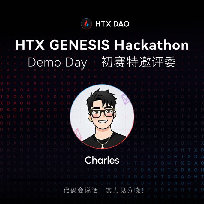 Promotional graphic for the HTX DAO Genesis Hackathon Demo Day featuring judge 'Charles' with an illustrated avatar, set against a repeating 'HTX DAO' text background, with Chinese text reading '代码会说话，实力见分晓!' (Code speaks, strength will be shown!).