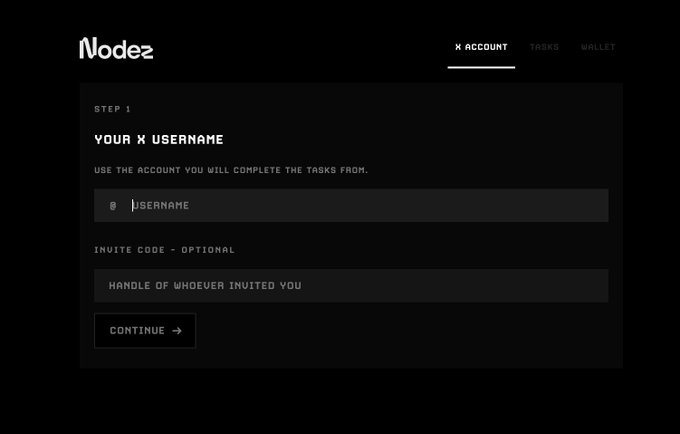 The image shows the "Nodez" registration page where users enter their X (Twitter) username and an optional invite code, which corresponds to the post's description of Hoodnodez's early sign-up portal that requires only a username to claim a spot at no cost.
