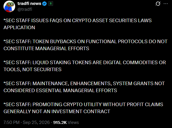 A social media post from tradfi news (@tradfi) lists several SEC staff statements, including 'SEC STAFF ISSUES FAQS ON CRYPTO ASSET SECURITIES LAWS APPLICATION' and 'SEC STAFF: LIQUID STAKING TOKENS ARE DIGITAL COMMODITIES OR TOOLS, NOT SECURITIES', dated 7:50 PM · Sep 25, 2026.