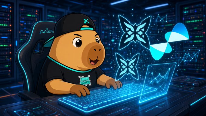 A cartoon capybara character in a black cap and 'THUG SYNDICATE' t-shirt sits at a glowing blue keyboard in a futuristic data center, surrounded by holographic butterflies and charts, with a green checkmark graphic in the background.