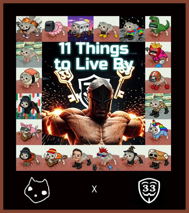 A meme poster titled "11 Things to Live By" features a muscular masked character with crossed keys, surrounded by various small animals dressed in costumes and outfits.