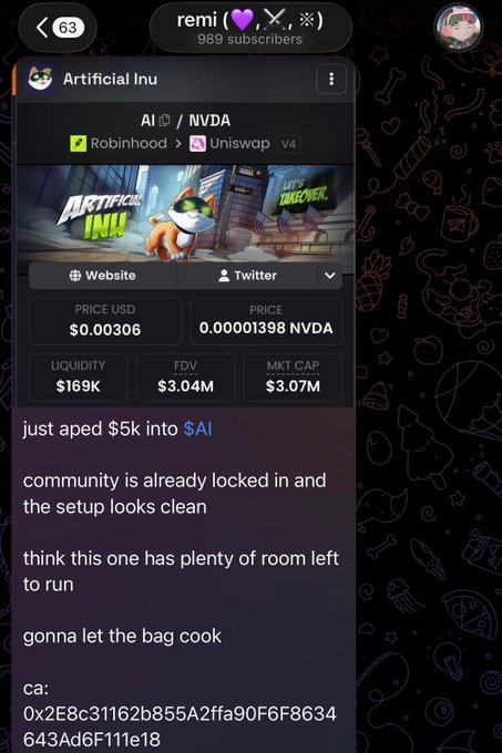 A Telegram post by "remi" highlights the AI/NVDA token called "Artificial lnu" with a $169K liquidity and $3.07M market cap, while sharing their contract address for a new $5K investment they're promoting. The caption aligns with the post's theme of touting profitable token calls, with the user continuing their track record of early-stage crypto picks.