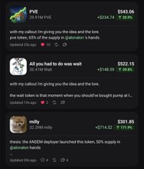 The image shows three Twitter/X posts featuring positive user testimonials about PumpFun ($PUMP) with their token prices, including $PVE ($443.06 PVE), $522.15, and $391.85 (milly), all praising the platform's customer support and rapid response to issues. These posts serve as real-world examples of the positive user experiences mentioned in the accompanying caption, highlighting PumpFun's responsive development team and community satisfaction.