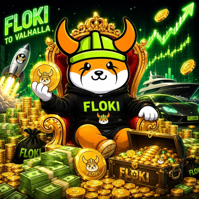 A vibrant crypto promotional graphic for FLOKI, featuring the Shiba Inu mascot wearing a viking helmet and 'FLOKI' hoodie, sitting on a throne surrounded by gold coins, cash, a Lamborghini, and a yacht, with the text 'FLOKI TO VALHALLA.'