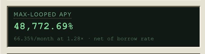 A dark-themed dashboard interface displays 'MAX-LOOPED APY' at '48,772.69%', with details noting '66.35%/month at 1.28x · net of borrow rate'.
