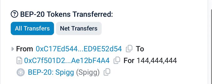 A BscScan transaction record showing a BEP-20 transfer of 144,444,444 Spigg tokens between two wallet addresses.