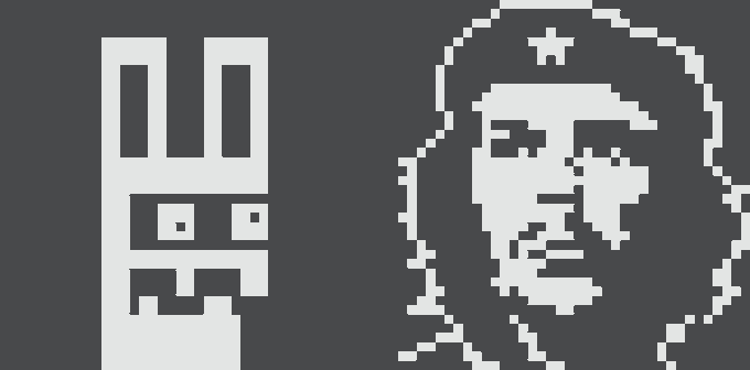 A minimalist pixel art design on a dark gray background featuring a white castle tower on the left and the stylized profile of Che Guevara on the right.