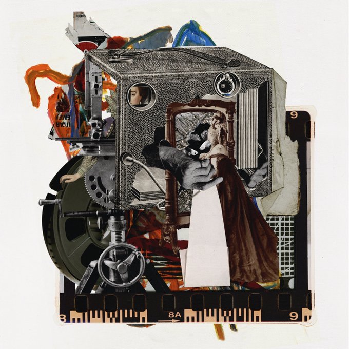 A mixed-media collage incorporating vintage photography elements, film strips, mechanical gears, and various cut-out images assembled into a complex abstract composition.