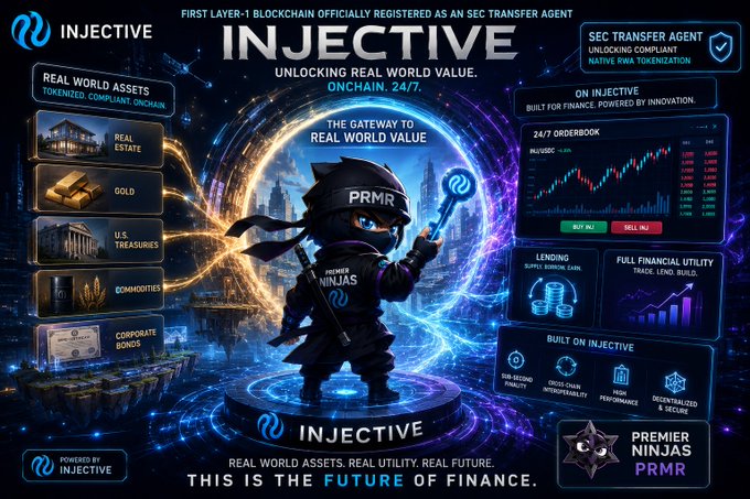 The image is a promotional graphic for Injective, branding it as the "First Layer-1 Blockchain Officially Registered as an SEC Transfer Agent" with the tagline "Unlocking Real World Value. Onchain. 24/7." It features a "Premier Ninjas PRMR" mascot holding an INJ token, surrounded by panels highlighting tokenized real estate, gold, U.S. Treasuries, commodities, and corporate bonds, along with a trading orderbook, lending utilities, and features built on Injective. The graphic ties directly to the post by visually illustrating Injective's milestone as an SEC-registered transfer agent enabling compliant, native RWA tokenization directly onchain.