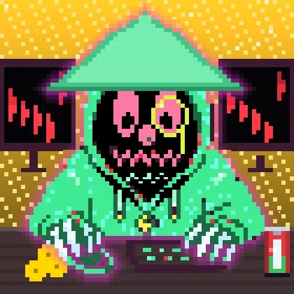 A pixel art character wearing a green conical hat and robe with a stitched face design sits at a desk with floating screens, holding cheese while a soda can rests nearby—visually representing the "Tradooor" NFT from the robinho collection listed on OpenSea.