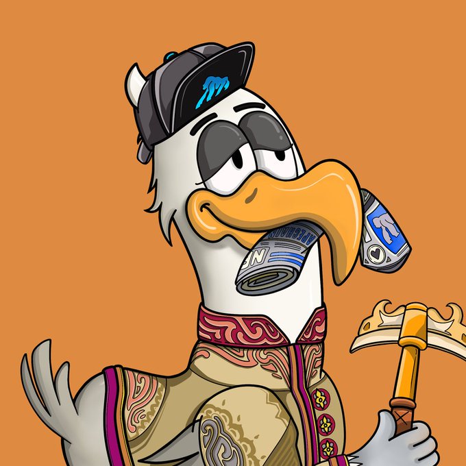A cartoon illustration features a white bird-like character wearing a black cap with a blue logo, sunglasses, and ornate clothing, with an empty beer can in its beak and holding a golden weapon.