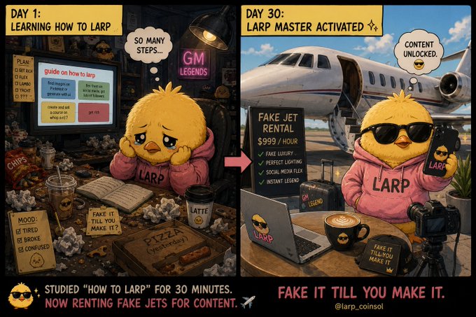Two-panel comic showing a chick mascot learning 'HOW TO LARP' on Day 1 (overwhelmed by a guide on getting rich) and a 'LARP MASTER ACTIVATED' on Day 30, posing with sunglasses near a private jet with a sign reading 'FAKE JET RENTAL $999/HOUR'. Caption: 'STUDIED "HOW TO LARP" FOR 30 MINUTES. NOW RENTING FAKE JETS FOR CONTENT. FAKE IT TILL YOU MAKE IT. @larp.coinso'.