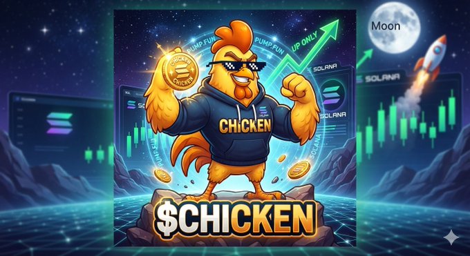 A colorful digital illustration of a muscular cartoon chicken character wearing sunglasses and a 'CHICKEN' hoodie, holding a gold coin, set against a cosmic background with a green 'UP ONLY' chart, a 'Moon' reference, and a '$CHICKEN' ticker symbol.