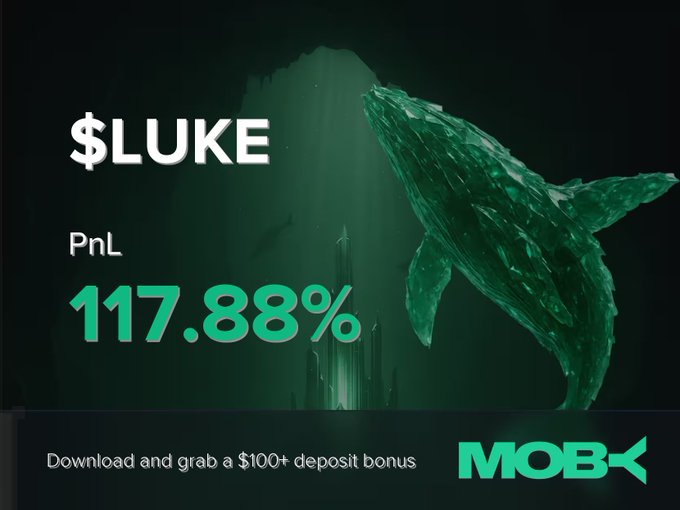 A promotional graphic for Moby Mobile showcases a trader named $LUKE celebrating a PnL of 117.88%, featuring a green whale silhouette diving against a dark background, with a banner at the bottom advertising a $100+ deposit bonus for downloading the app. The image visually reinforces the win alert, highlighting the trader's strong profit and the current $13.56M market cap of the trending token.