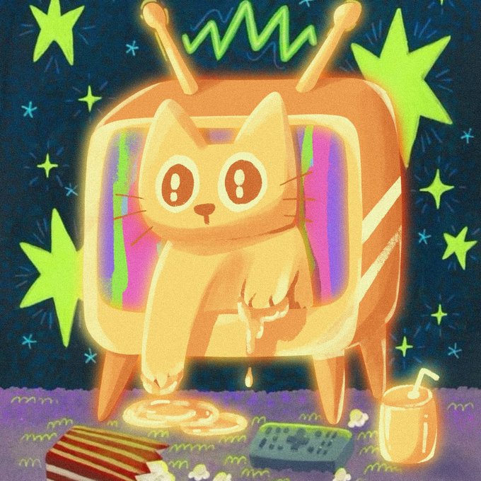 A whimsical digital illustration of an orange cat sitting on a vintage TV set displaying a rainbow screen, surrounded by glowing green stars against a dark night background, with snacks and a drink beside it.