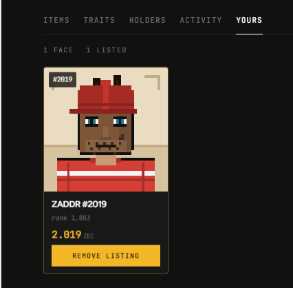 An NFT marketplace screenshot displaying a pixel art face token titled 'ZADDR #2019' (rank 1,883) listed at 2.019 ZEC, with navigation tabs for ITEMS, TRAITS, HOLDERS, ACTIVITY, and YOURS.