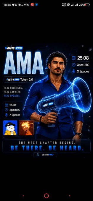 Promotional graphic for 1win Pro AMA featuring a man holding a megaphone, scheduled for 25.08 at 3pm UTC on X Spaces, with text 'BE THERE. BE HEARD.'