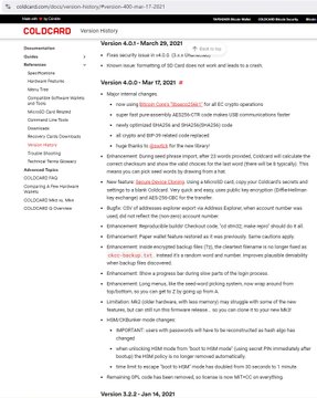 A webpage from Coldcard documenting Version 4.0.1 and Version 4.0.0 release notes, dated March 29, 2021 and Mar 01, 2021 respectively, listing security fixes, feature updates, and bug fixes.