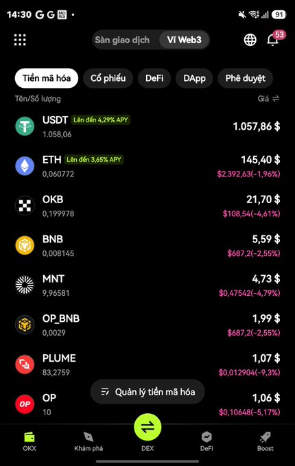 OKX mobile app screenshot showing a Vietnamese Web3 wallet interface with crypto prices for USDT ($1,057.86), ETH ($2,392.63), OKB, BNB, MNT, OP_BNB, PLUME, and OP, with tabs for Tiền mã hóa, Có phiếu, DeFi, DApp, and Phê duyệt.