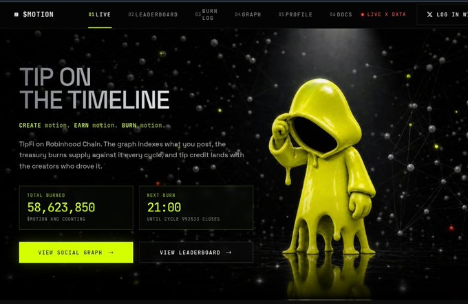 A website screenshot for '$MOTION' showing a melting yellow character and the text 'TIP ON THE TIMELINE', with statistics like 'TOTAL BURNED 58,623,850 $MOTION' and 'NEXT BURN 21:00'.