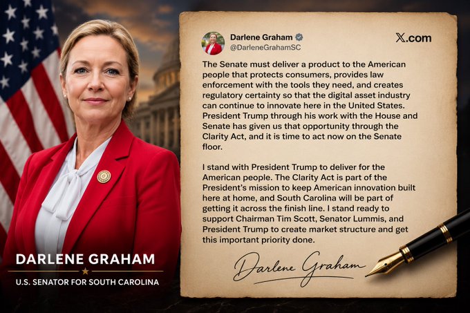 A political graphic featuring U.S. Senator Darlene Graham alongside a tweet advocating for the Senate to pass the Clarity Act for digital asset regulation.