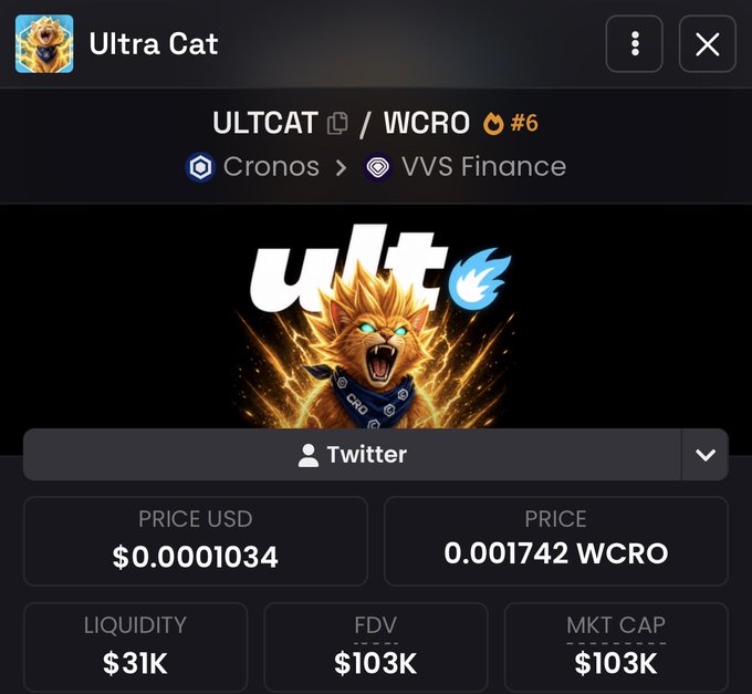 A cryptocurrency page displays the "Ultra Cat" (ULTCAT/WCRO) token on VVS Finance via Cronos, showing a price of $0.00001034, liquidity of $31K, and market cap of $103K.