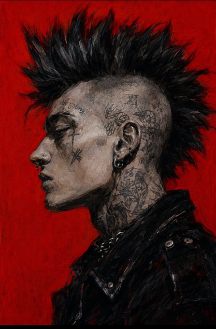 A detailed painted profile portrait of a punk-styled person with a black mohawk, facial piercings, numerous tattoos, and a black leather jacket, set against a deep red background.
