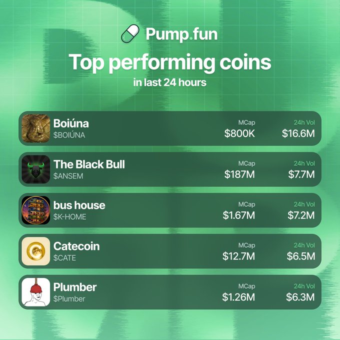 A green-themed "Top performing coins in last 24 hours" leaderboard from Pump.fun displays five meme tokens ranked by trading volume, led by $BOIÚNA with $16.6M in 24h volume, followed by $ANSEM ($7.7M), $K-HOME ($7.2M), $CATE ($6.5M), and $Plumber ($6.3M). The chart supports the accompanying post's claim by visually ranking these same five tokens in descending order of 24-hour volume.