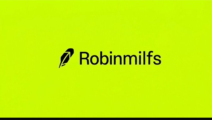 A bright green screen displaying a black Robinhood-style feather logo alongside the text 'Robinmilfs'.