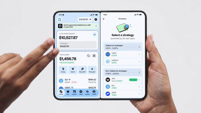 A person holds a foldable smartphone displaying the Sui DeFi app, showing $10,527.87 in investments and a 'Select a strategy' screen featuring stablecoin options like USDC and USDG.
