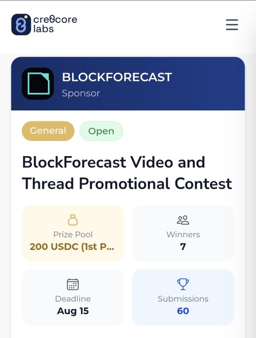 A mobile app screenshot from 'cre8core labs' showing a contest page titled 'BlockForecast Video and Thread Promotional Contest' with a prize pool of '200 USDC', 7 winners, and a deadline of 'Aug 15'.
