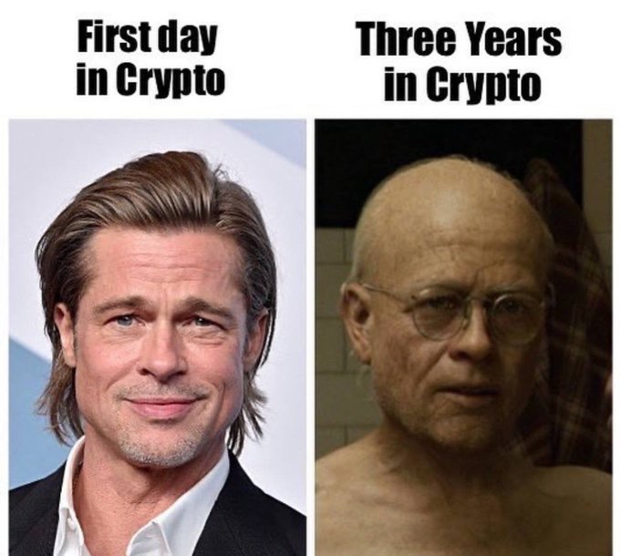 A meme comparing 'First day in Crypto' (Brad Pitt) with 'Three Years in Crypto' (an older, bald, pale man).