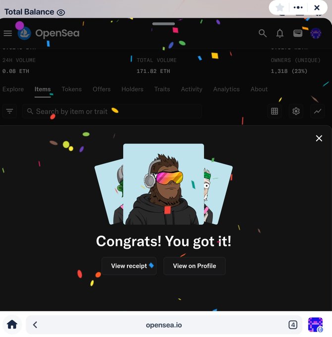 An OpenSea screenshot celebrating an NFT purchase, displaying 'Congrats! You got it!' with an animated monkey character wearing ski goggles and headphones, and buttons for 'View receipt' and 'View on Profile.'