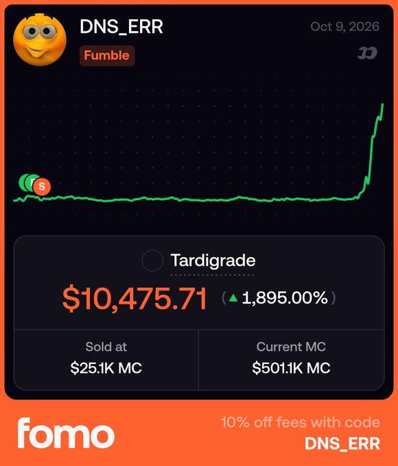 The image shows a Fomo app trading card for the token "DNS_ERR" (tagged "Fumble"), purchased on "Tardigrade," which was sold at a $25.1K market cap but has since surged to $501.1K MC—a 1,895% increase. The caption highlights the irony of the poster's early sell-off, having missed the dramatic price spike shown by the steep upward curve on the right side of the chart.