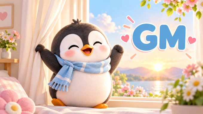 A cute cartoon penguin wearing a blue striped scarf stands by a window with the text 'GM' and hearts floating nearby.