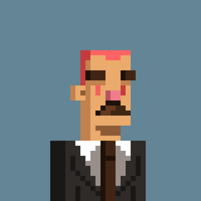 A minimalist, pixel-art style portrait of a person with reddish hair, a mustache, and a suit against a solid blue background.