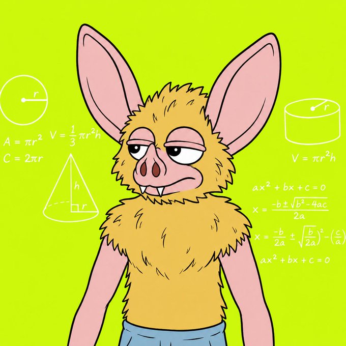 A furry bat-like creature with droopy, unimpressed eyes stands in front of a bright green background covered in mathematical formulas—including the quadratic formula, area/volume equations for circles and cones, and polynomial expressions—evoking a meme-style image often used to humorously suggest the character is mentally solving complex equations. The caption "gm hoodrats…history loves a wild card" plays on the creature's aloof, calculating expression, implying it is scheming or strategizing in an unpredictable way despite the casual morning greeting.