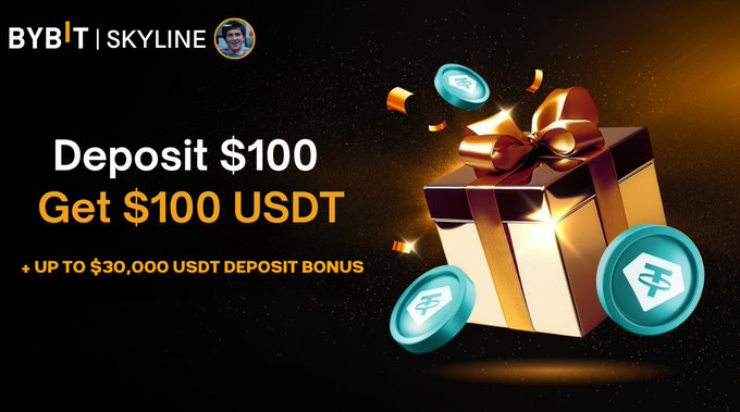 A BYBIT SKYLINE promotional banner offers a $100 USDT bonus for depositing $100, up to $30,000 USDT, next to a gift box and coins.