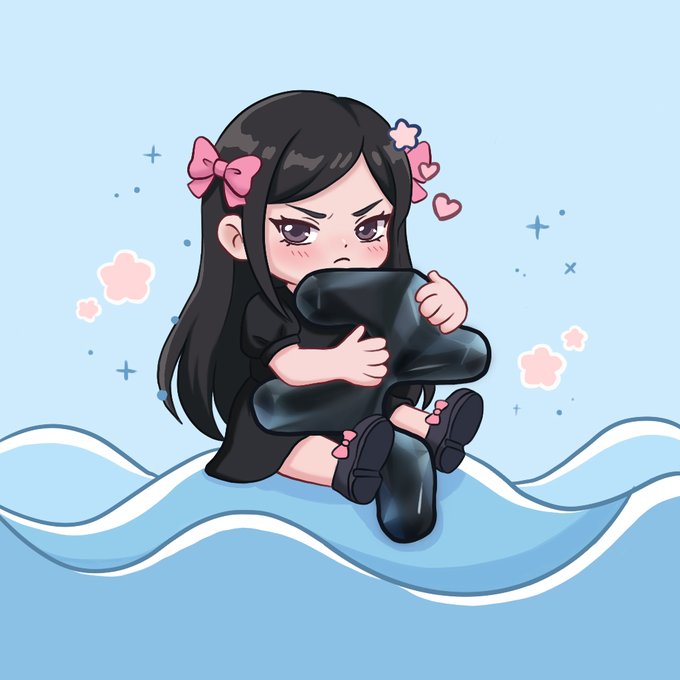 A chibi-style illustration of a girl with long black hair, pink bows, and a black dress, angrily hugging a dark figure against a light blue background with hearts and sparkles.
