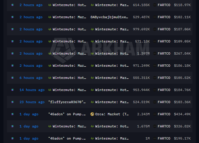 The image displays a ledger of large cryptocurrency transactions on what appears to be the Arkham platform, showing transfers of FARTCO tokens valued between $100K and $435K to addresses labeled "Wintermute" and other wallets like "45sacdn" and "fluffyorca03670" over the past day. The accompanying post frames these sizable FARTCO inflows as "institutional accumulation," suggesting that major players like Wintermute (a known crypto market maker) are quietly building positions in the token.