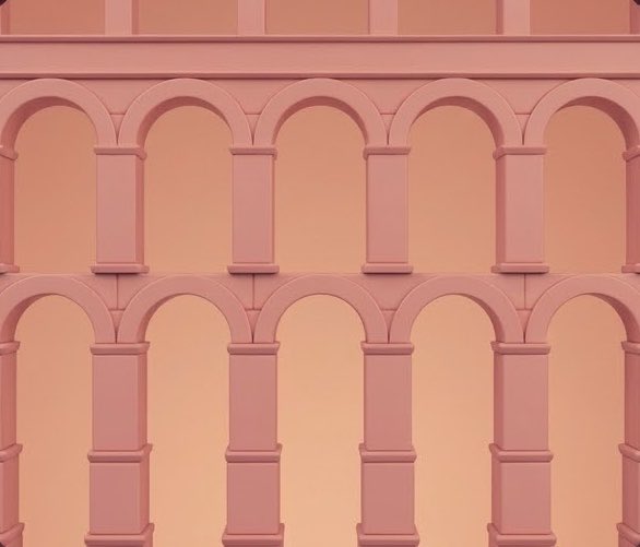 A 3D-rendered, monochromatic pink architectural structure displays two rows of classical arches supported by pillars.