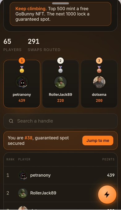 A mobile app screenshot showing a leaderboard for a GoBunny NFT promotion, with stats for 65 players and 291 swaps routed, displaying top ranks like 'petranony' and 'RollerJack89'.