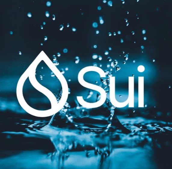 The Sui cryptocurrency logo and name are displayed in white over a dynamic background of splashing blue water droplets.