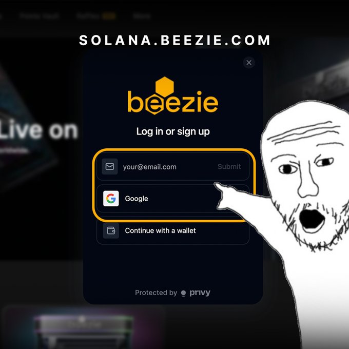 A Wojak meme character points to a "Log in or sign up" modal on solana.beezie.com, which offers email, Google, or wallet authentication. The image illustrates the post's instruction to log into the Beezie site with the same email used for your existing Beezie account before participating in Points Vault.