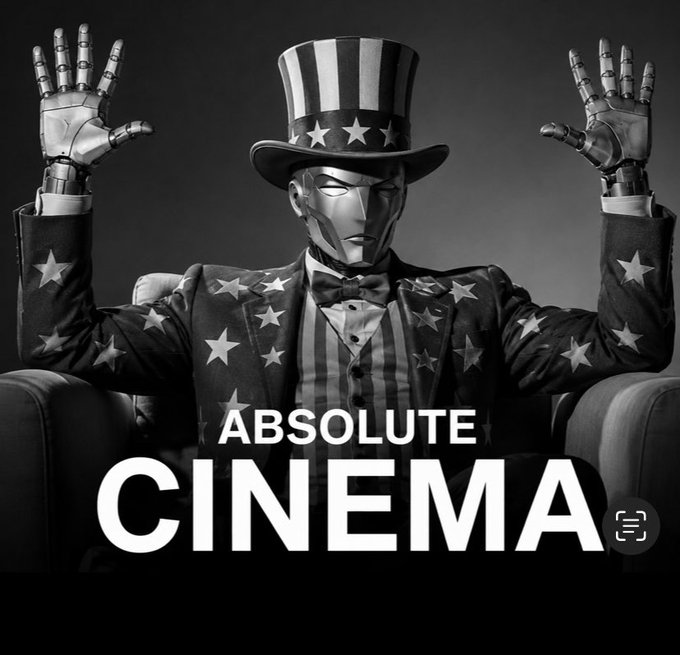 The image features a man dressed as an American superhero, wearing a top hat and suit with stars on his chest. He has his arms raised high above his head, giving off a sense of excitement or celebration. The background of the image is black, which contrasts with the white text that reads "Absolute Cinema".