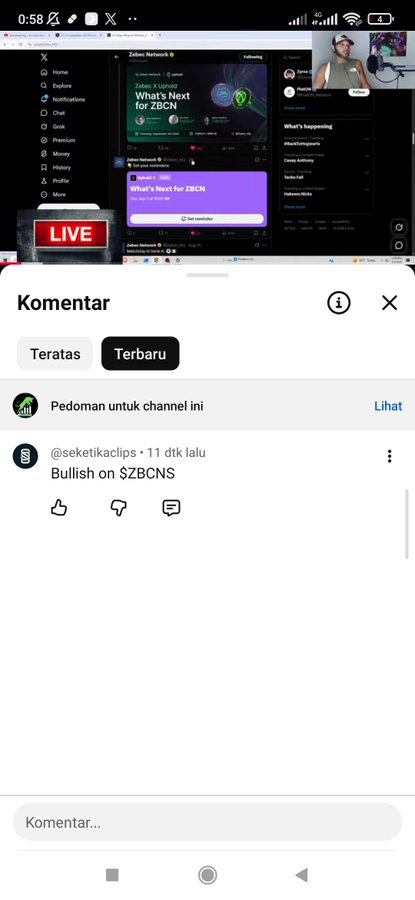 A YouTube live stream comments panel showing a comment from @seketikaclips that reads 'Bullish on $ZBCNS'.