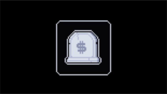 A pixelated tombstone marked with a "$" symbol sits centered against a black background within a rounded square frame, visually representing the "death" of money or financial value, echoing the post's funeral-themed phrase about something that refuses to truly end.
