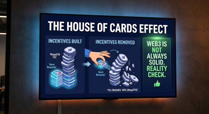 A digital billboard displaying 'THE HOUSE OF CARDS EFFECT', showing illustrations of stacked coins falling when incentives are removed, with the text 'WEB3 IS NOT ALWAYS SOLID. REALITY CHECK.'