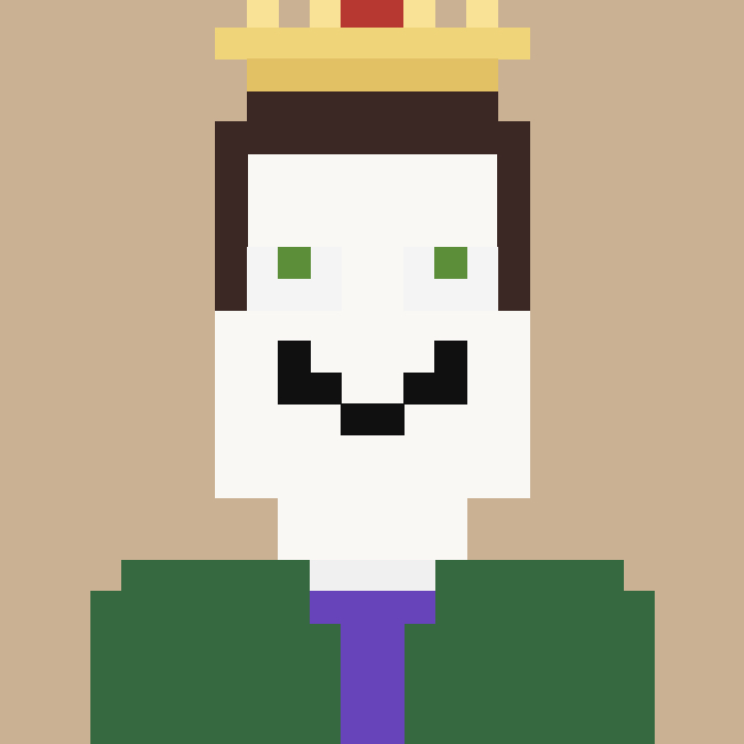 A pixel art illustration of a crowned character with a white face, green eyes, and a wide smile, wearing a green outfit with a purple accent.