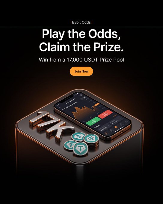 A promotional advertisement for the '1bybit Odds' platform invites them to 'Claim the Prize' from a 17,000 USDT pool, displaying a smartphone showing a BTC trading chart alongside Tether coins.